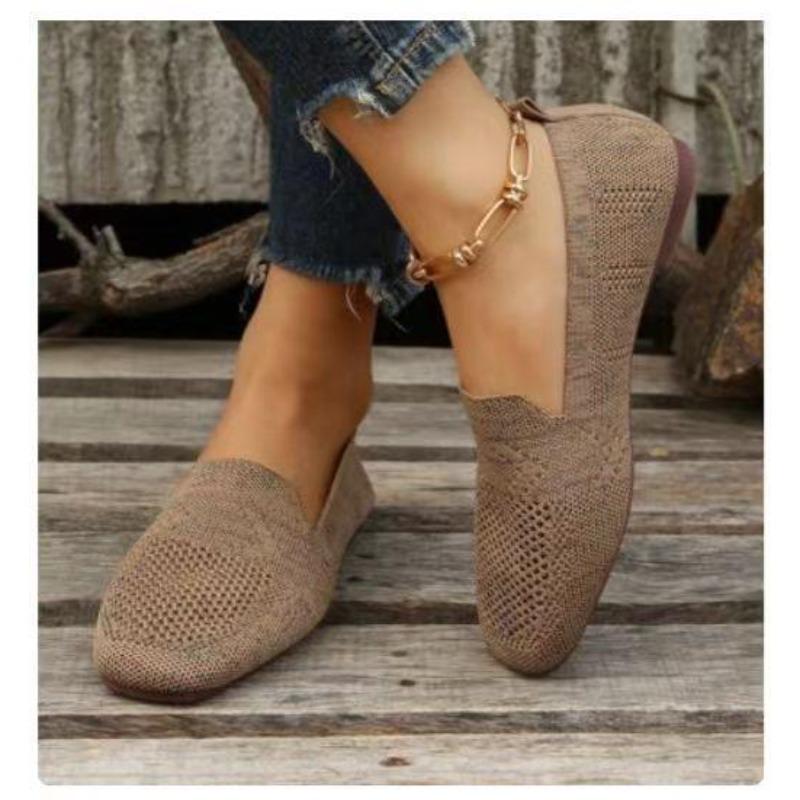 Womens New Solid Color Square Toe Mesh Loafers Shallow Soft Bottom Knit Casual Slip on Boat Flats