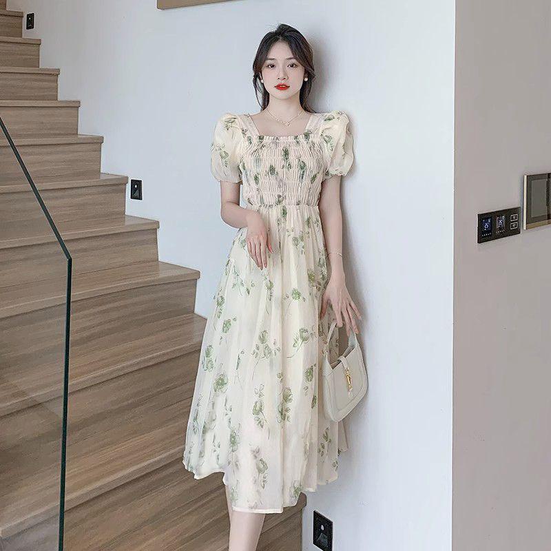 2026 Women's French Floral Puff Sleeve Summer Dress: New Style, Fresh & Gentle, Waist-Cinched, Slimming Skirt