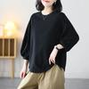 Women Crew Neck Puff Three Quarter Sleeve Cotton Tee Loose Oversized Curved Hem Casual Basic Blouse