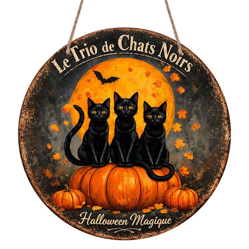 2D Flat, 1pc Round Aluminum Hanging Sign, Halloween Magique Three Black Cats Pumpkin Full Moon Print, Halloween Fall Farmhouse Porch Yard Home Decor 7.87×7.87inch