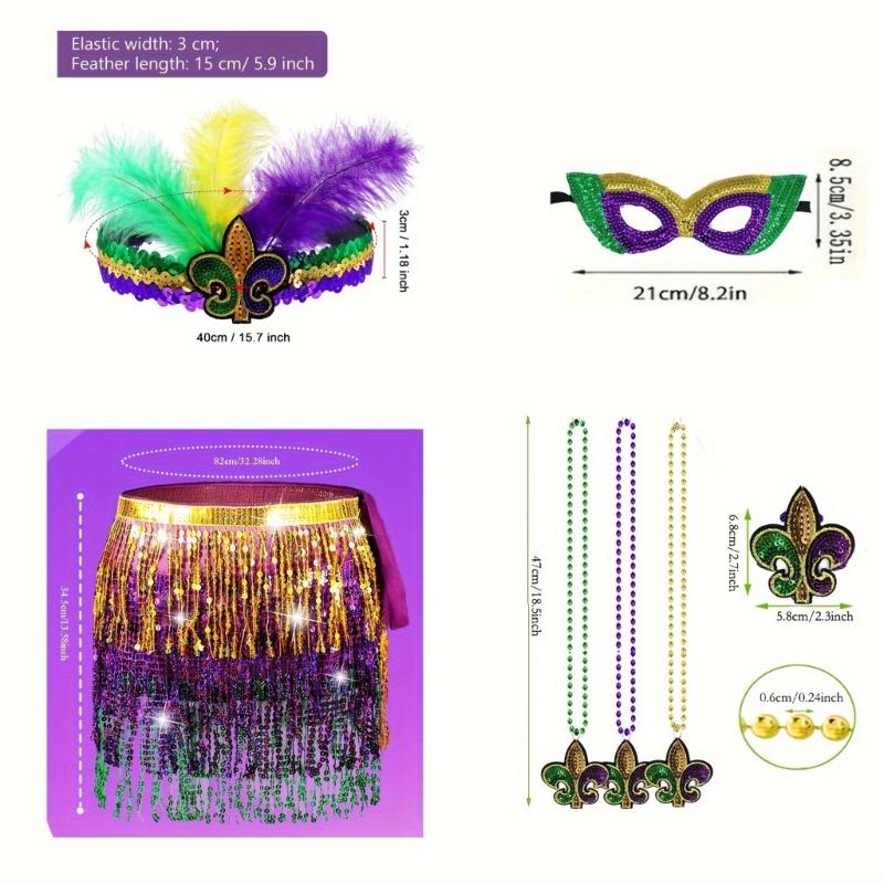 Mardi Gras Costume Tricolor Eyemask Beaded Necklace Feather Headband for Event Parties Favors Carnivals Party Supplies