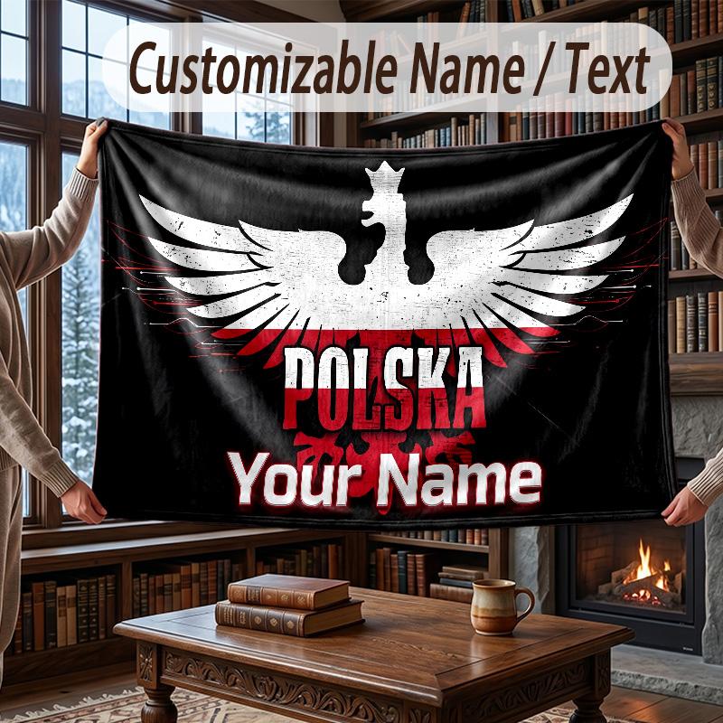 Custom Name Flannel Throw Blanket Poland Pattern Warm Home Decoration