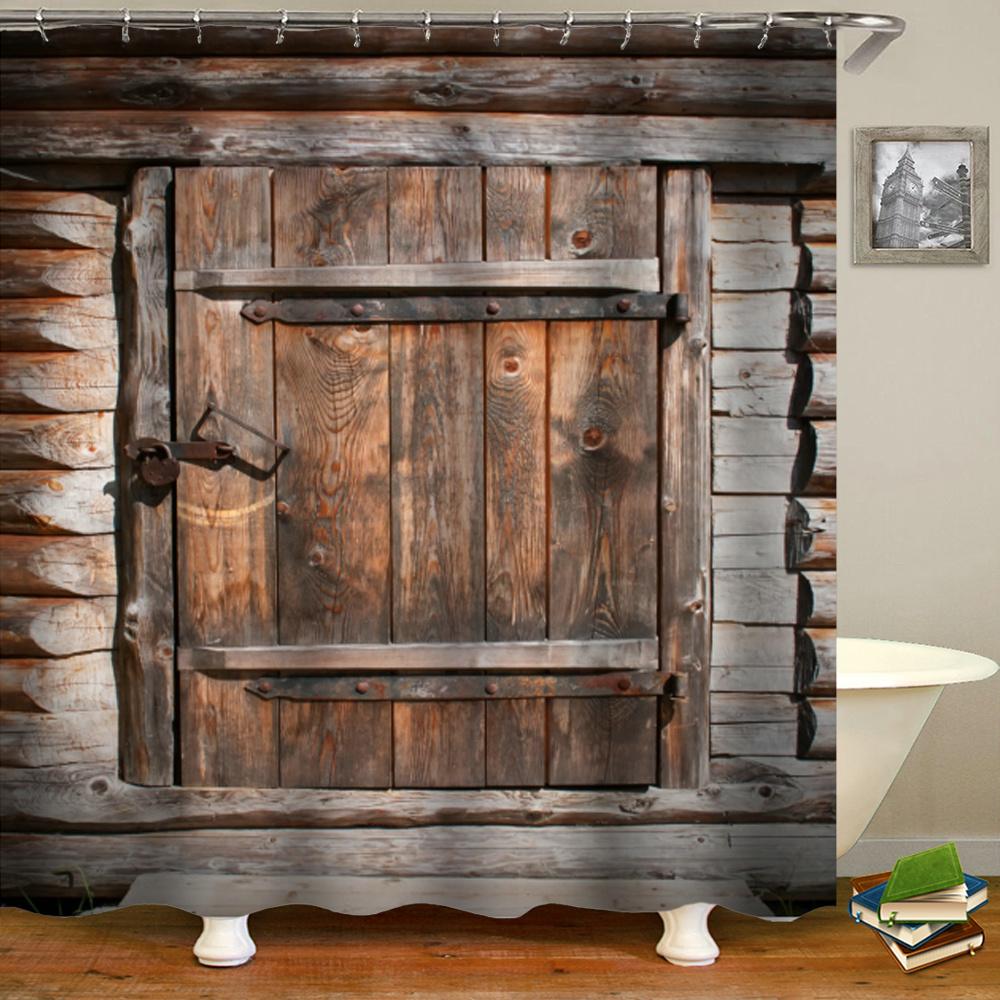 Bauernhaus Dekorativer Duschvorhang aus Holztür Retro Rustikale Scheunenholztür Europa Western Country Home Decor Badvorhanghaken