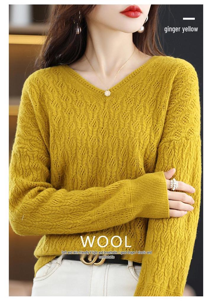 Women's Cashmere Loose Knit Sweater V2023 - Hollow-Out Pullover with Pure Wool Collar