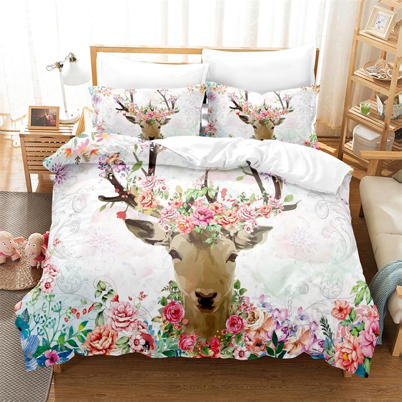 Flower Deer Bedding Sets Cartoon Animal Kid‘s Duvet Cover Boys Girls Cute King Quilt Cover Bedroom Bed Set Queen Bedding Set