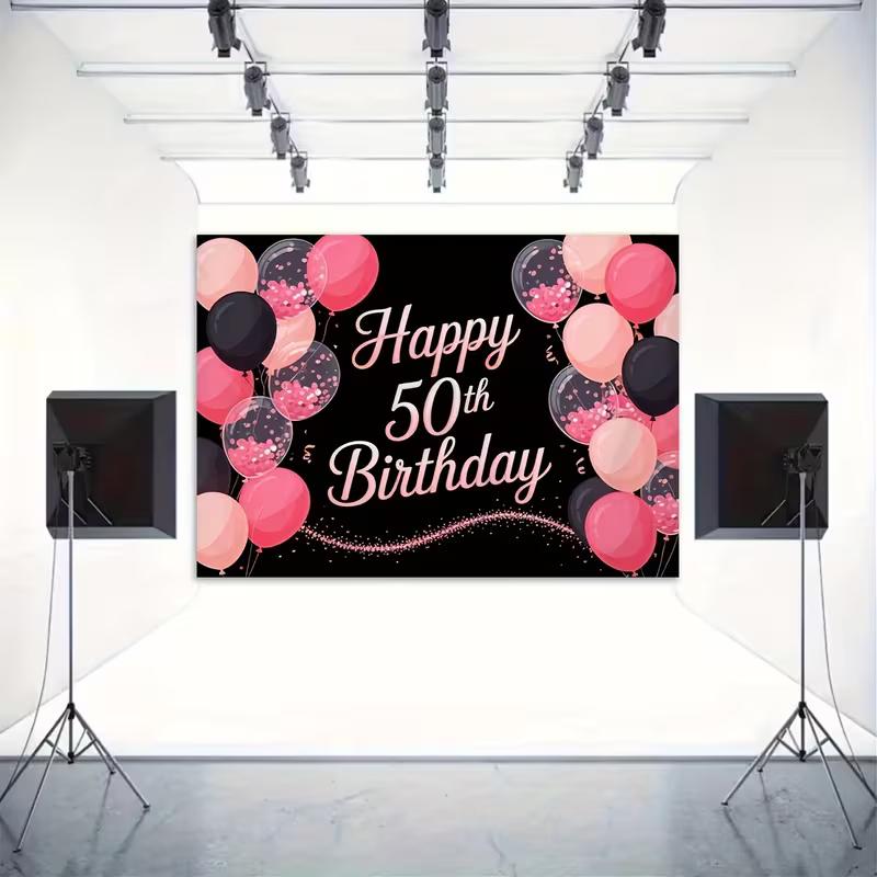 2D Black Pink Glitter 50th Birthday Backdrop with Confetti Balloons for 50th Birthday Party Photo Booth