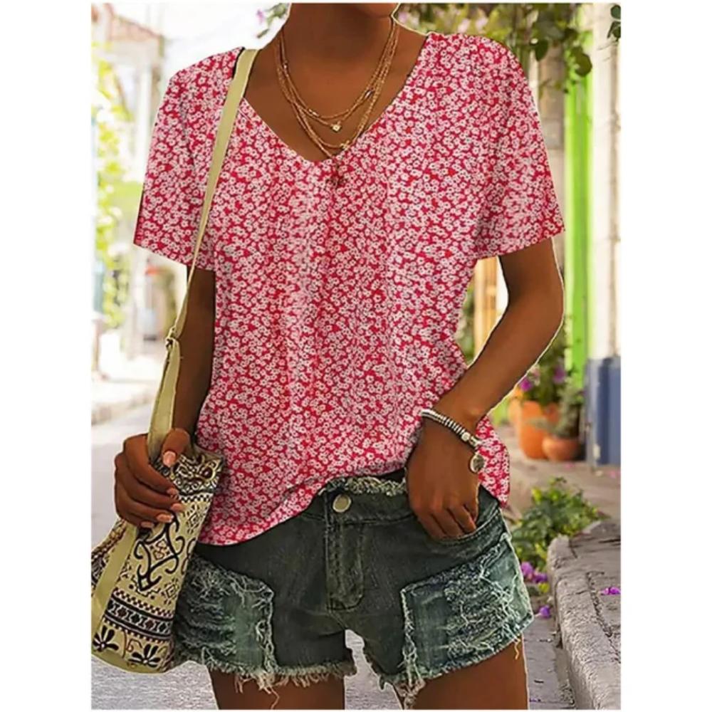 3D V Neck T Shirt Vintage Women Mixed Floral Pattern Print Summer Ladies Shirt Tops Street Trend Loose Plus Size Ladies Tops