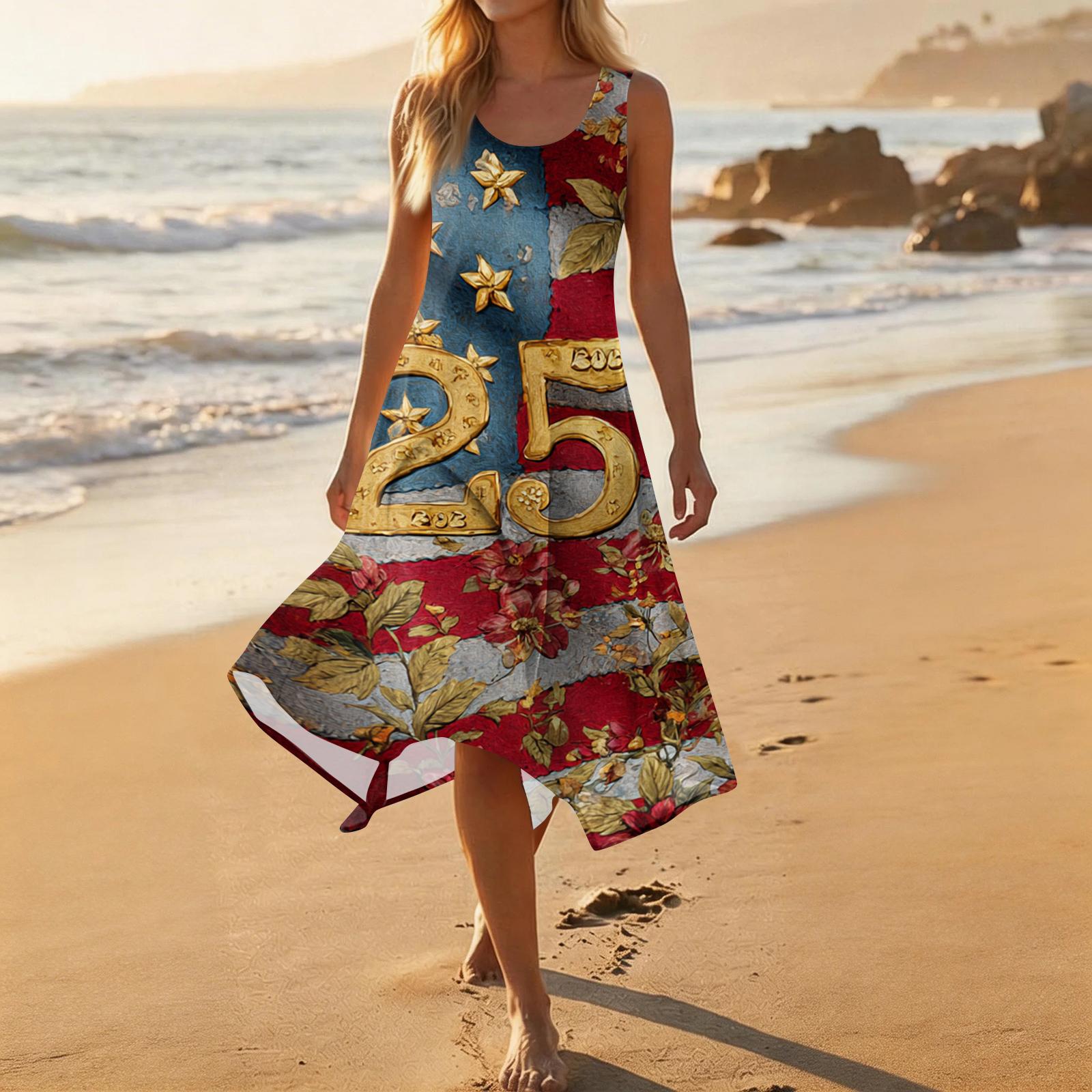 

Women Sleeveless Casual Dress Mid-Length Round Neck Irregular Hemline Independence Day Print Summer Fashion Loose Fit XL жовтий