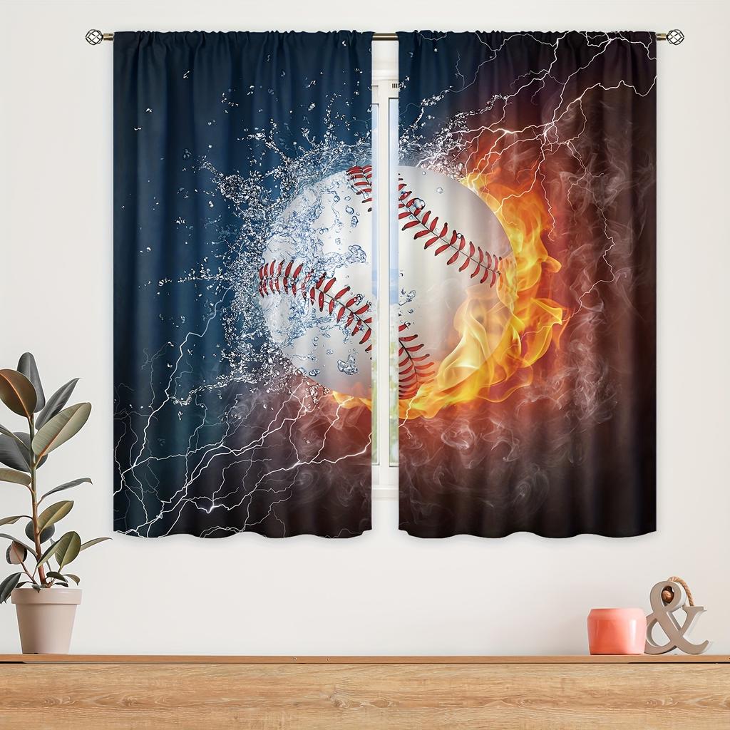 2 Panels Sports Curtains Rod Pocket Abstract Flame Basketball Theme Wall Decor Teens Bedroom Men Cool 3D Ball Art Printed Drapes