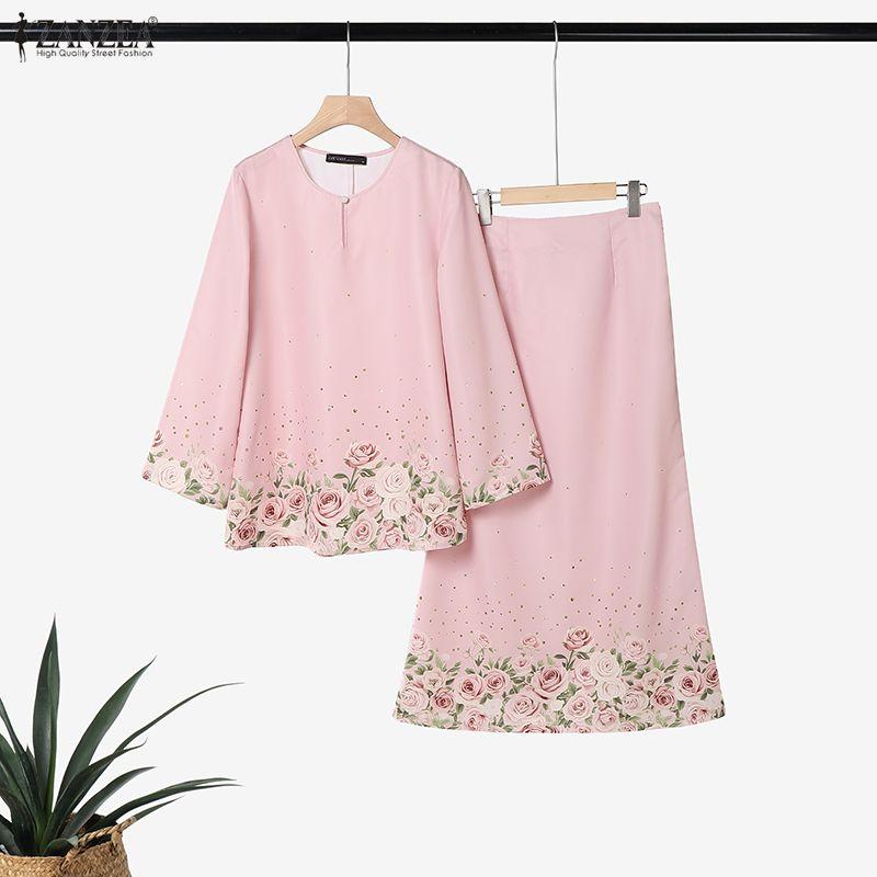 ZANZEA Women 3/4 Sleeve Blouse and Midi Skirts Floral Print Two Piece Suit Sets