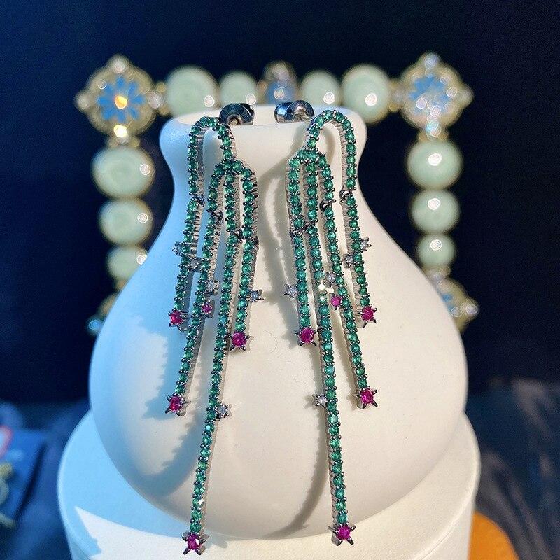 Personality Micro-set Green Cubic Zirconia Pentagram Earrings Long Tassel Earrings Lady Earringsfashion Dangle Earrings Dropship