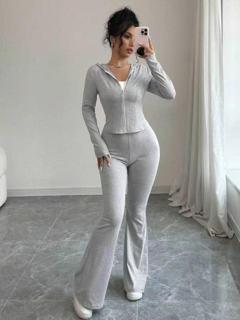 Autumn/Winter Slimming Sweatshirt & Sweatpants Set – Solid Color, Fashion Casual for Women