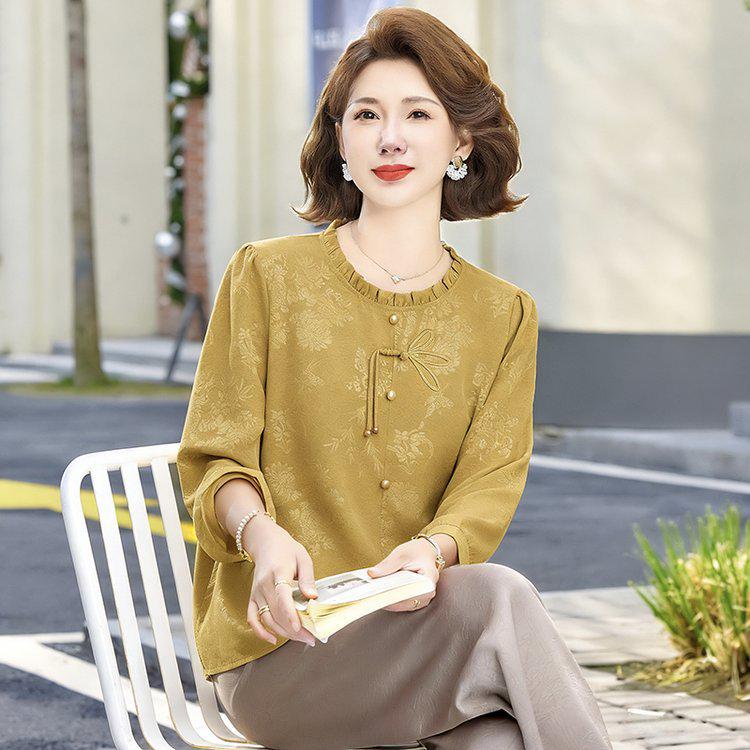 

Mom s New Chinese Style Spring Jacquard Blouse - Age-Reducing, Loose, and Belly-Covering for Middle-Aged and Elderly 5XL [150-165 lbs] жовтий