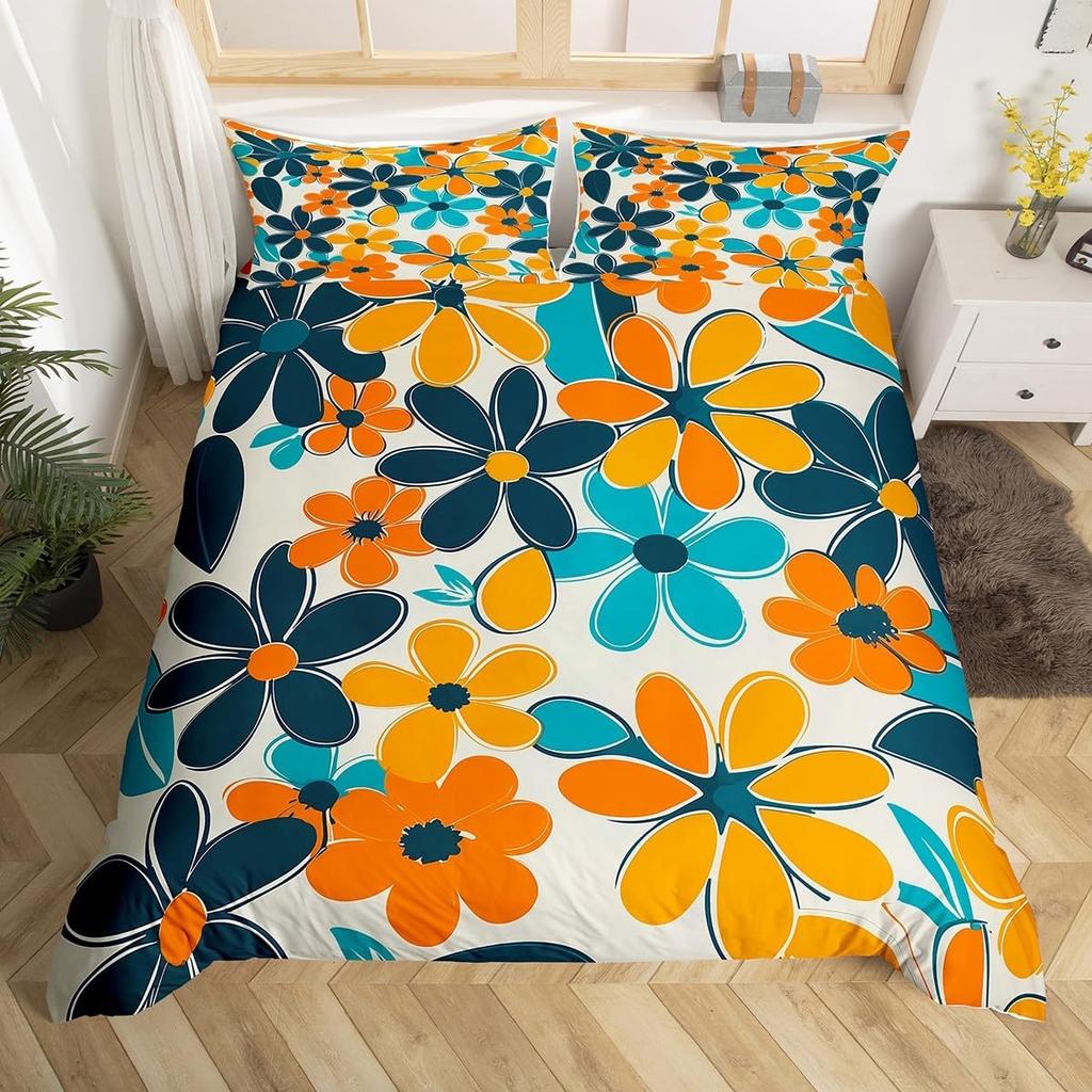 70er Jahre Retro Hippie Bettwäsche Set Groovy Blumen Bettbezug Full Queen für Erwachsene Teenager Boho Vintage Psychedelisch Floral Bettbezug