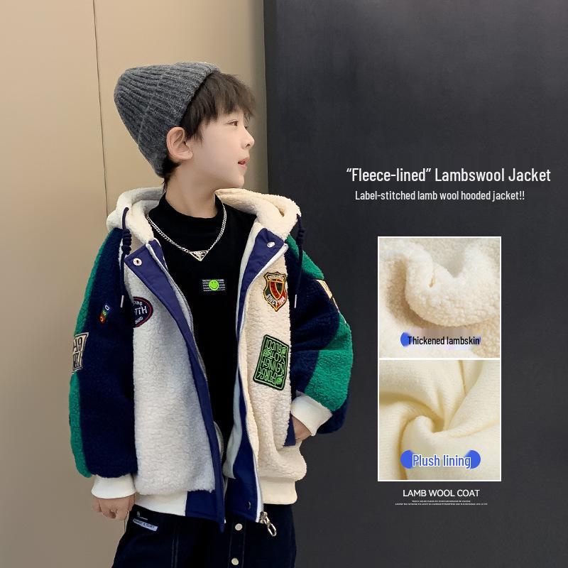Boys' Lambskin Coat - Thick Winter Sweater with Velvet for Kids, Trendy and Loose Fit