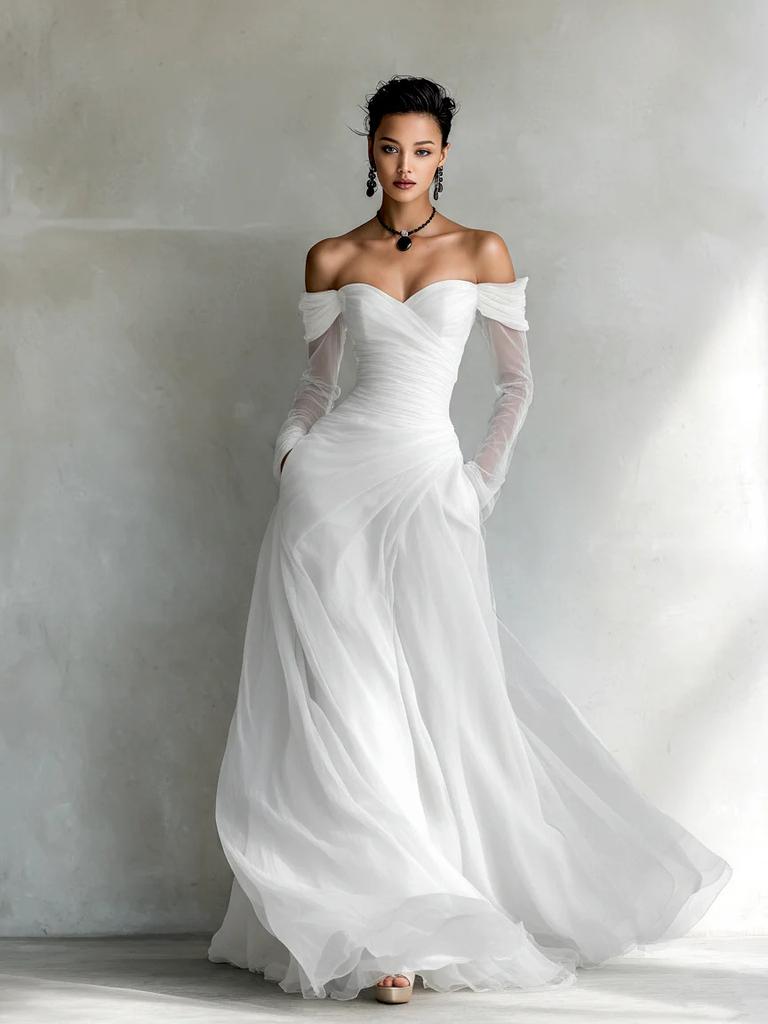 Damen Off-Shoulder Langarm Maxikleid Figurbetont Raffiniert Hochzeitsgast Formelles Abendkleid