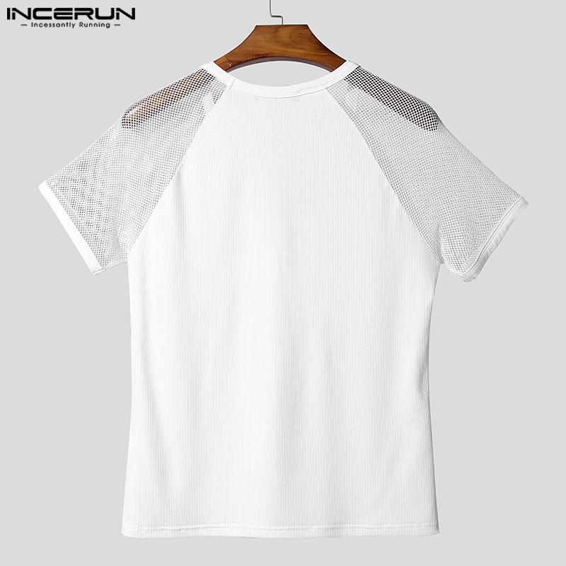 INCERUN Herren T-Shirts Lässig V-Ausschnitt Kurzarm Netzgarn Transparent Patchwork Oberteile