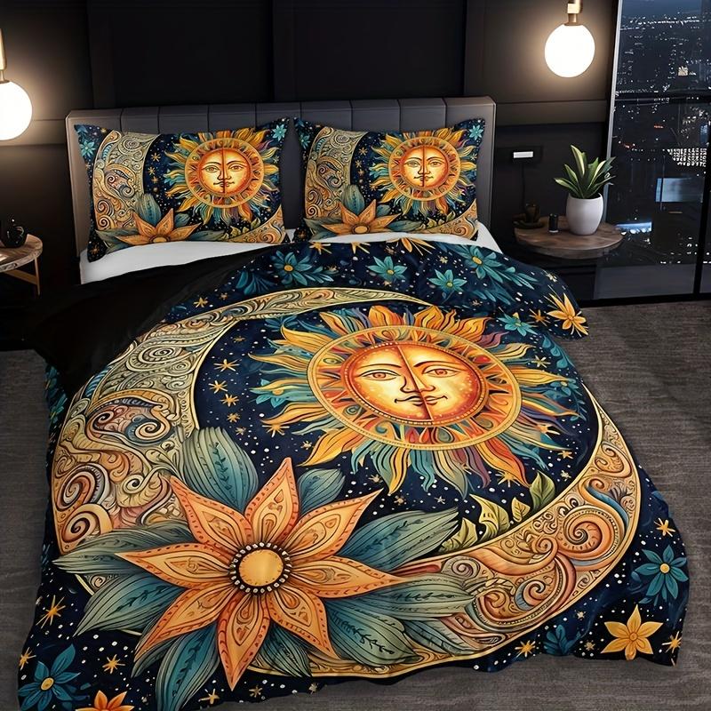 3pcs Duvet Cover Set, 1 Duvet + 2 Pillowcases (No Inserts), Home & College High-Definition Printed Sun Moon Floral Design