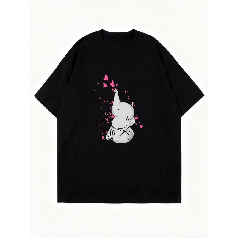 Oversized T Shirt Black Cute Elephant With Hearts And R I P Text Casual Streetwear For Women
