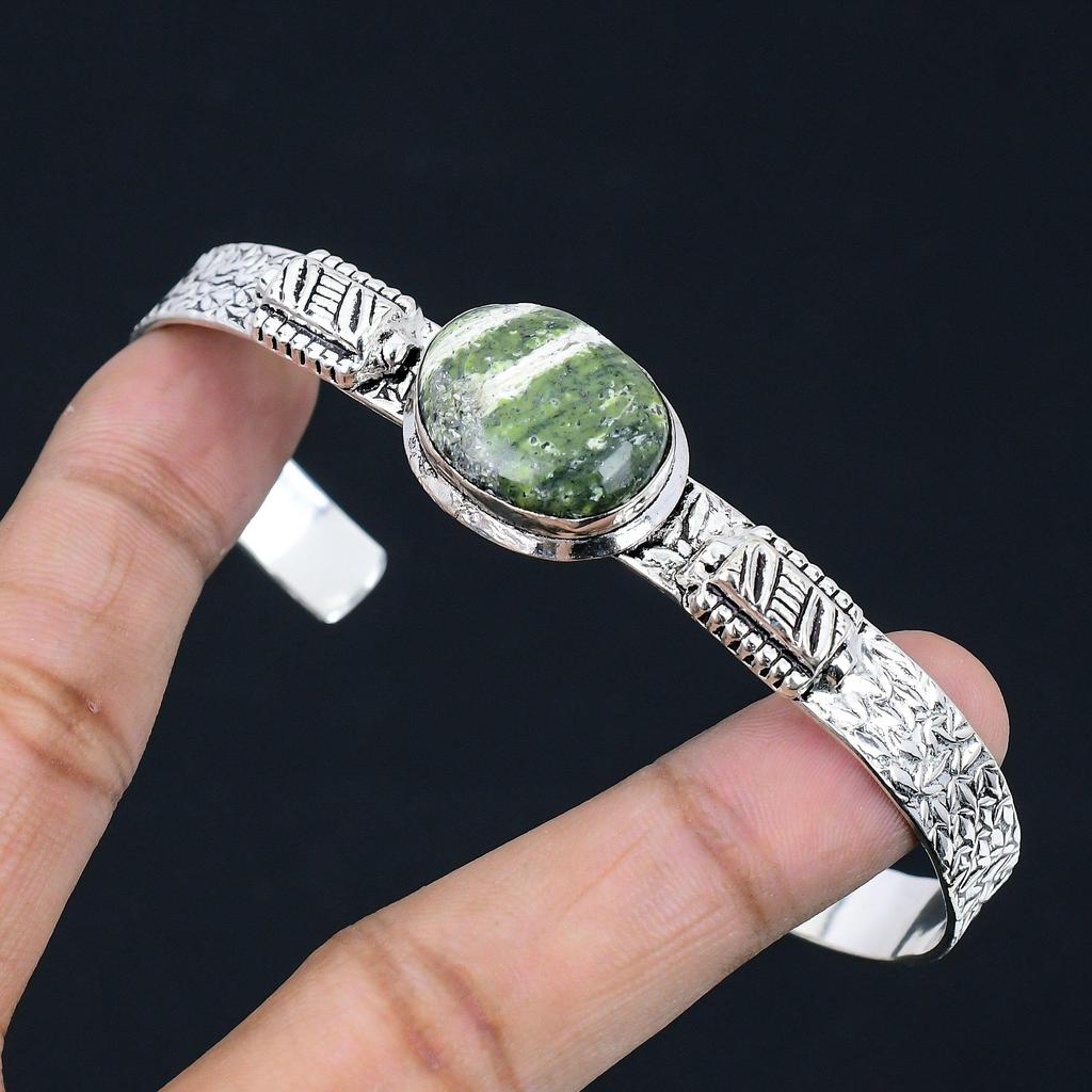 Anniversary Gift For Her Natural Green Swiss Opal Bangle Adjustable 925 Silver