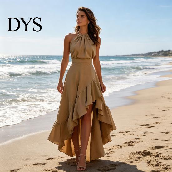 Pleated Dress Women Cocktail Party Dress, Halter Sleeveless Flowy Long Ruffled Irregular High Low Wedding Guest Hem