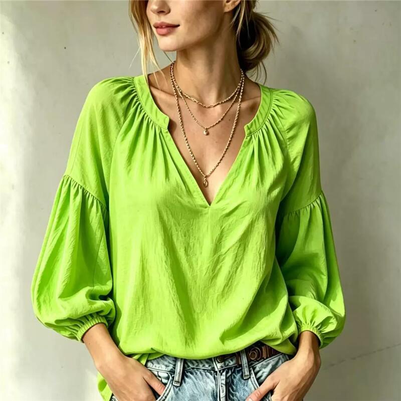 Women's V-Neck Pleated Loose Fit High-End Design Lazy Casual Shirts