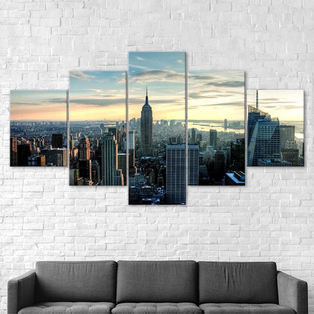 New York City Buildings Landscape 5 Piece Five Panel Wall Canvas Print Modern Art Poster Picture Home Decor Gift For Him For Her