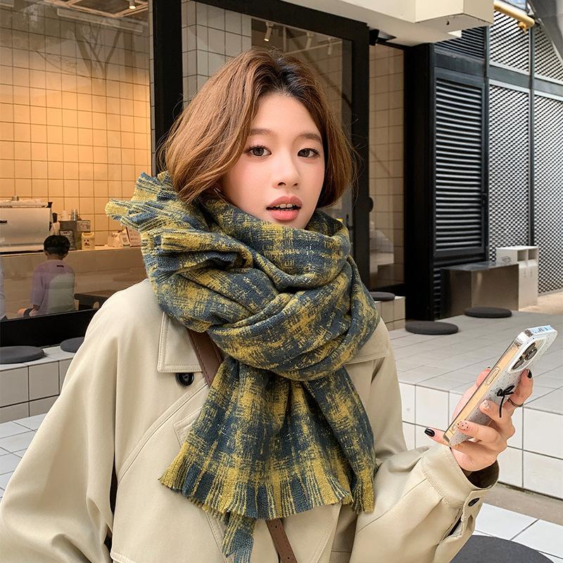 Women's Korean Style Fleece-Like Cashmere Scarf Autumn Winter High-End Warm Shawl Cute Versatile Plaid Neck Warmer