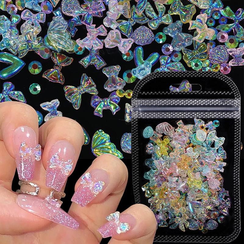 100Pcs Aurorals Nail Art Decoration Shell Pearl 3D Nail Charms Mixed Style Colorful Resin Butterfly Bowknot Manicure Nail Supply