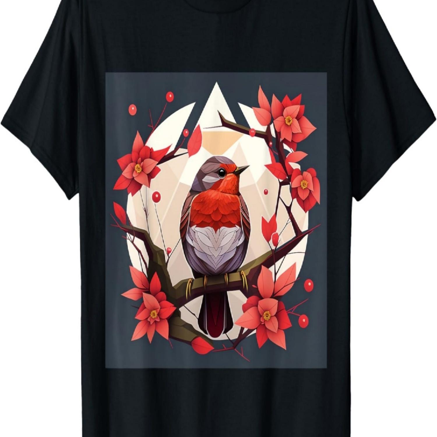 Pink Sakura Red Robin Cherry Blossom Blossom Pattern T-Shirt S