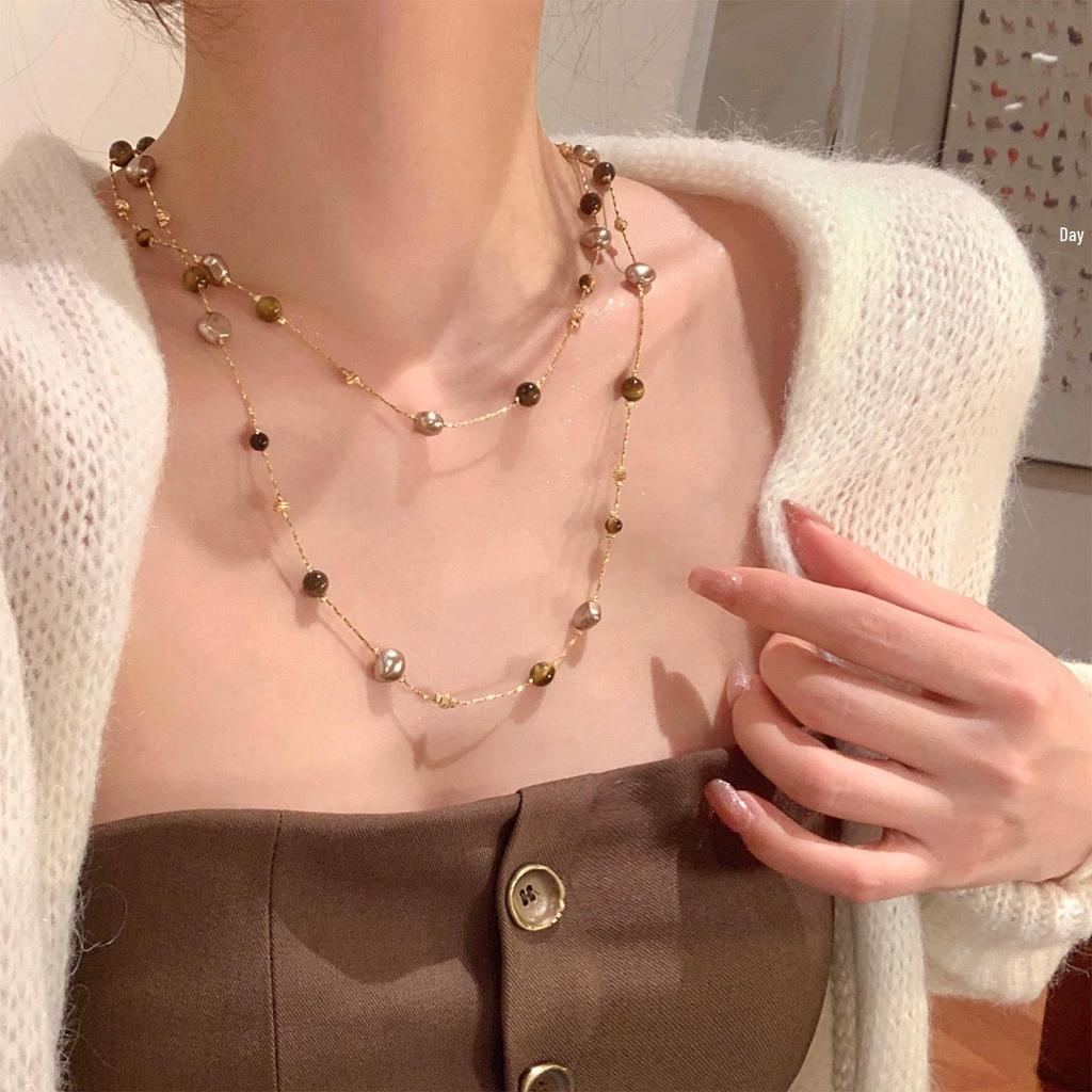 Maillard Tiger Eye Pearl Double Layer Retro Necklace - Versatile Autumn/Winter Sweater Chain