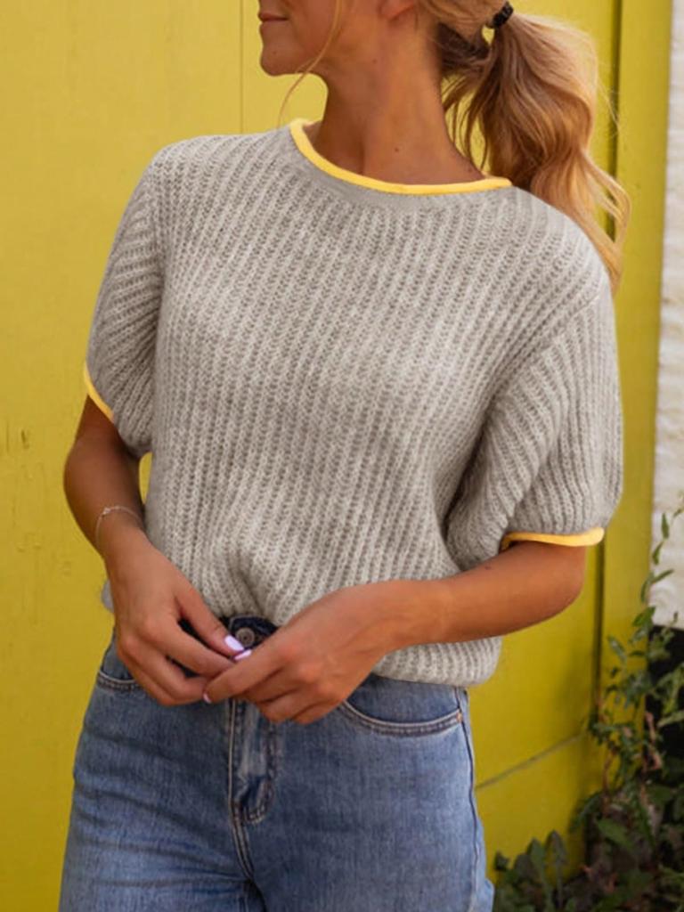 Women's Color Block Puff Sleeve Knit Sweater Crew Neck Ribbed Going Out Top