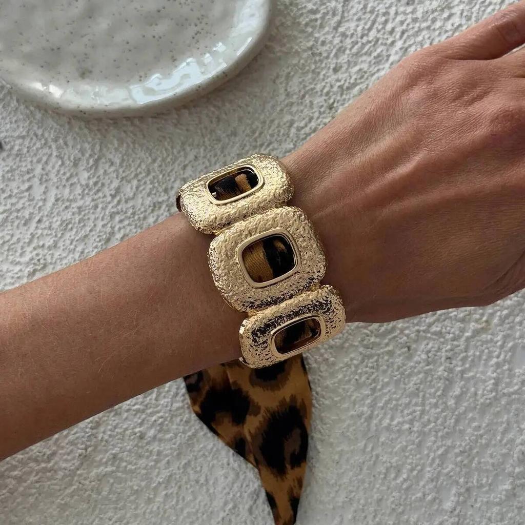 Salircon 7 Style Leopard Print Silk Scarf Cuff Bangle Retro Ethnic Style Polka Dot Ribbon-Wrapped Metal Wide Bracelet Wristband