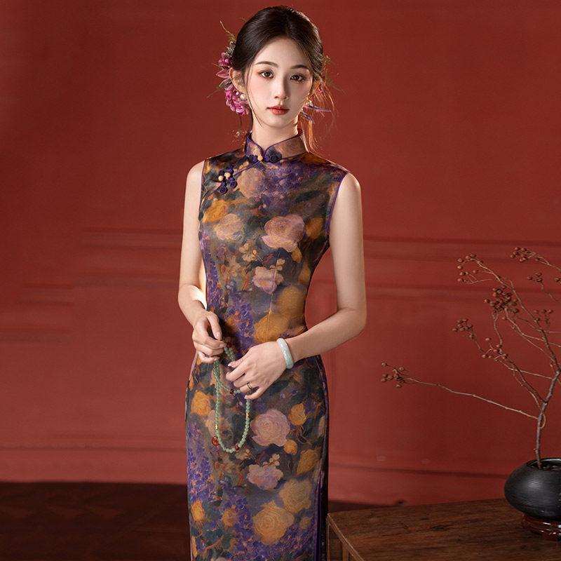 Purple sleeveless national style new Chinese daily Suzhou long cheongsam improved young 1011 new women's high sense