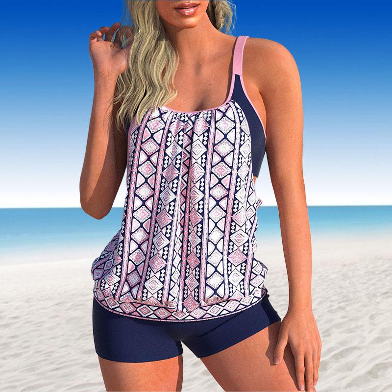 Costume da bagno da donna Tankini Costume da bagno 2 pezzi Blu scuro Stampa a strisce granulari Costumi da bagno per le vacanze