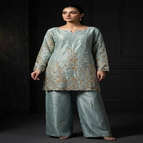 Designer Chinon Silk Embroidered Kurti Palazzo Set – Sage Green S