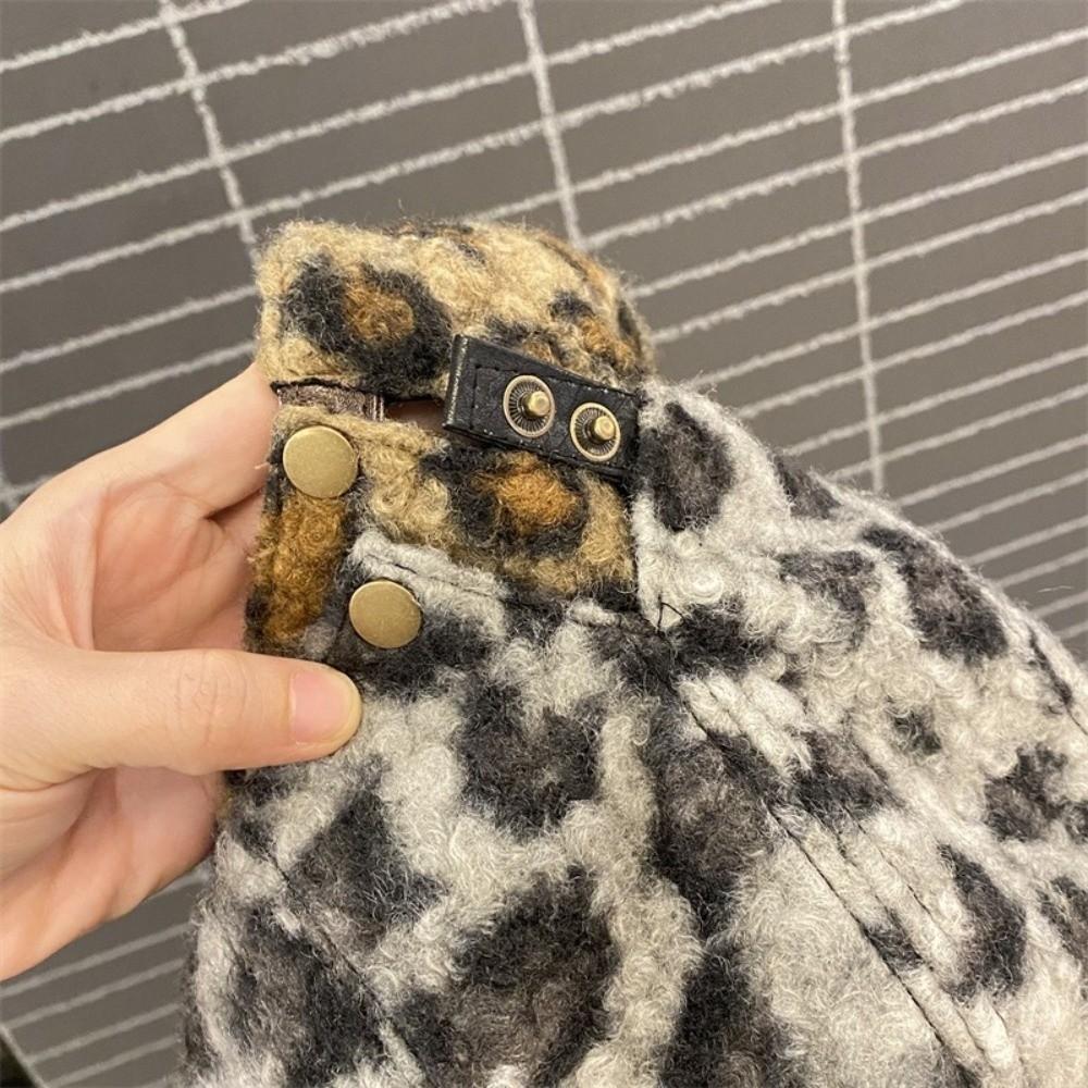 Pu Leather Brim Lamb Wool Berets Hat Keep Warm Women Newsboy Caps Retro Leopard Print Berets  Girl