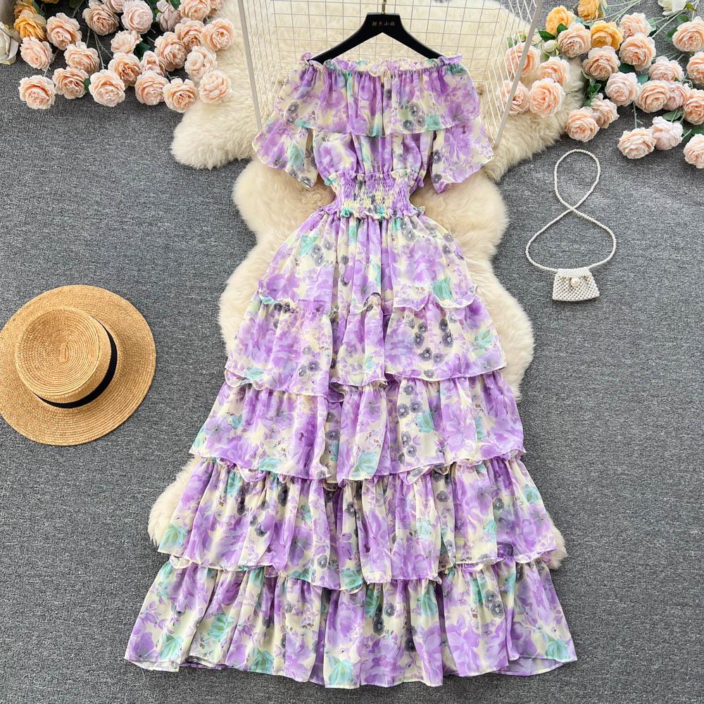 

Летнее французское платье с фрагментарным цветком и одной линией шеи, милое платье высокого качества с плиссированной талией и запахом One Size