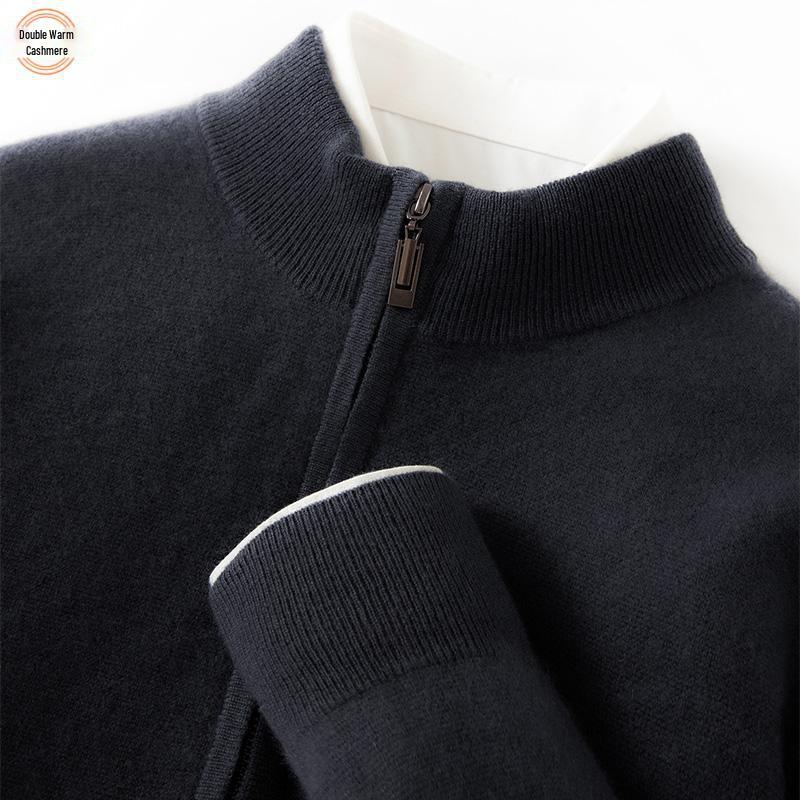 Men's Cashmere Zipper Knit Cardigan - Half-High Collar, Solid Color, Long Sleeve, Versatile Autumn/Winter Sweater.