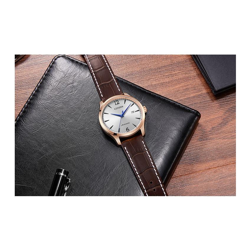CITIZEN Automatic Mechanical Movement Leather Strap Watch Men's Watches Silver Dial NJ0113-10A
