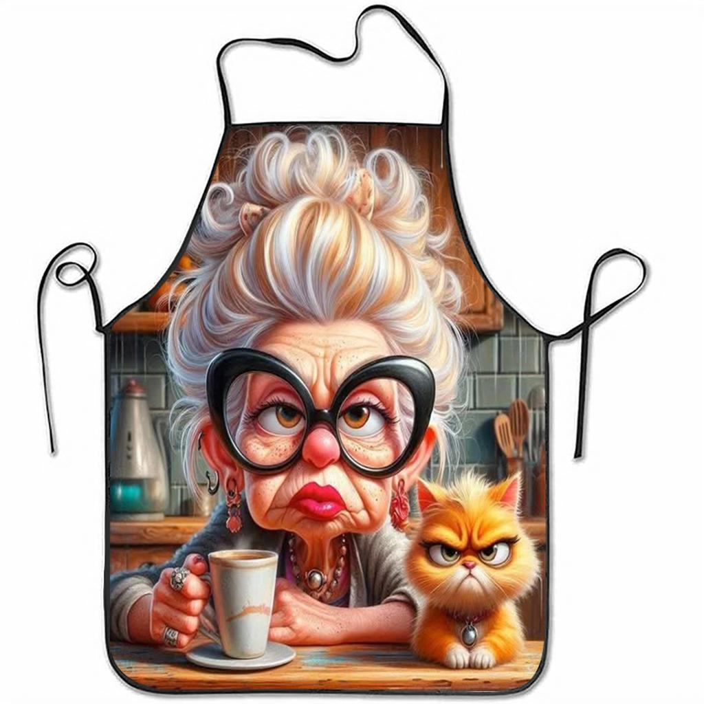 1pc Funny Angry Granny & Cat Apron - Sleeveless Kitchen Apron With Angry Granny & Cat Print Polyester Suitable For Cooking Bakin