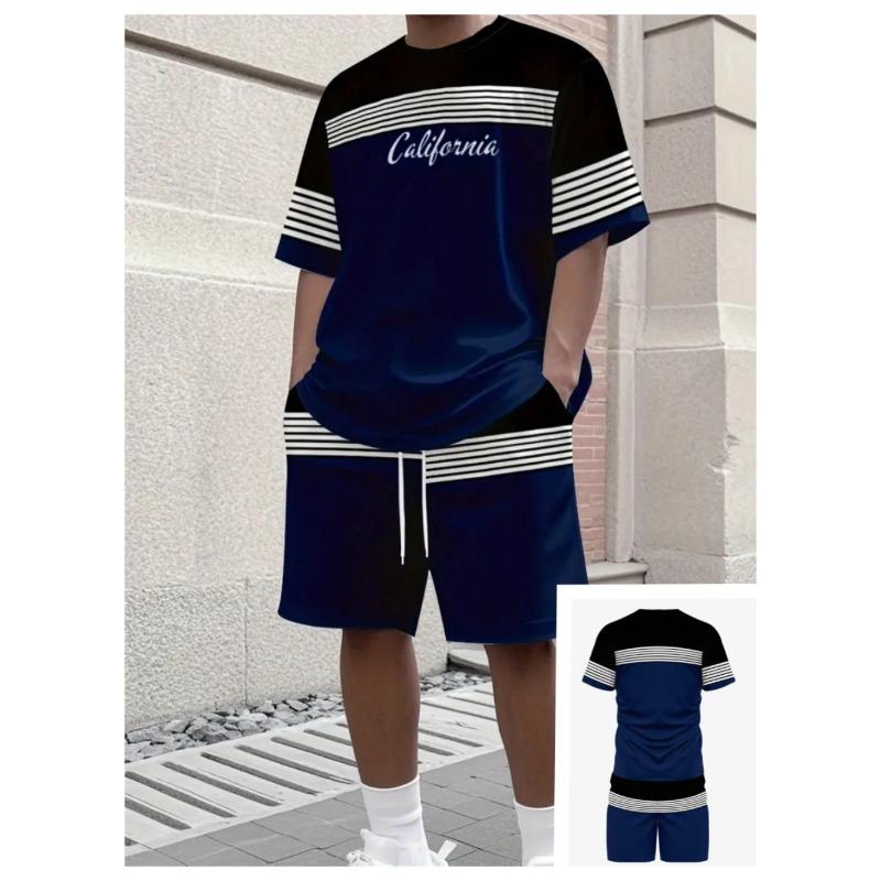 

Летний мужской полосатый узор 3D цветная печать модный удобный свободный повседневный с коротким рукавом спортивный костюм из двух частей 6XL