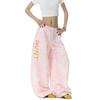 Womens Retro Leopard Print Pink Embroidered Wide Leg Pants Loose Casual Trousers