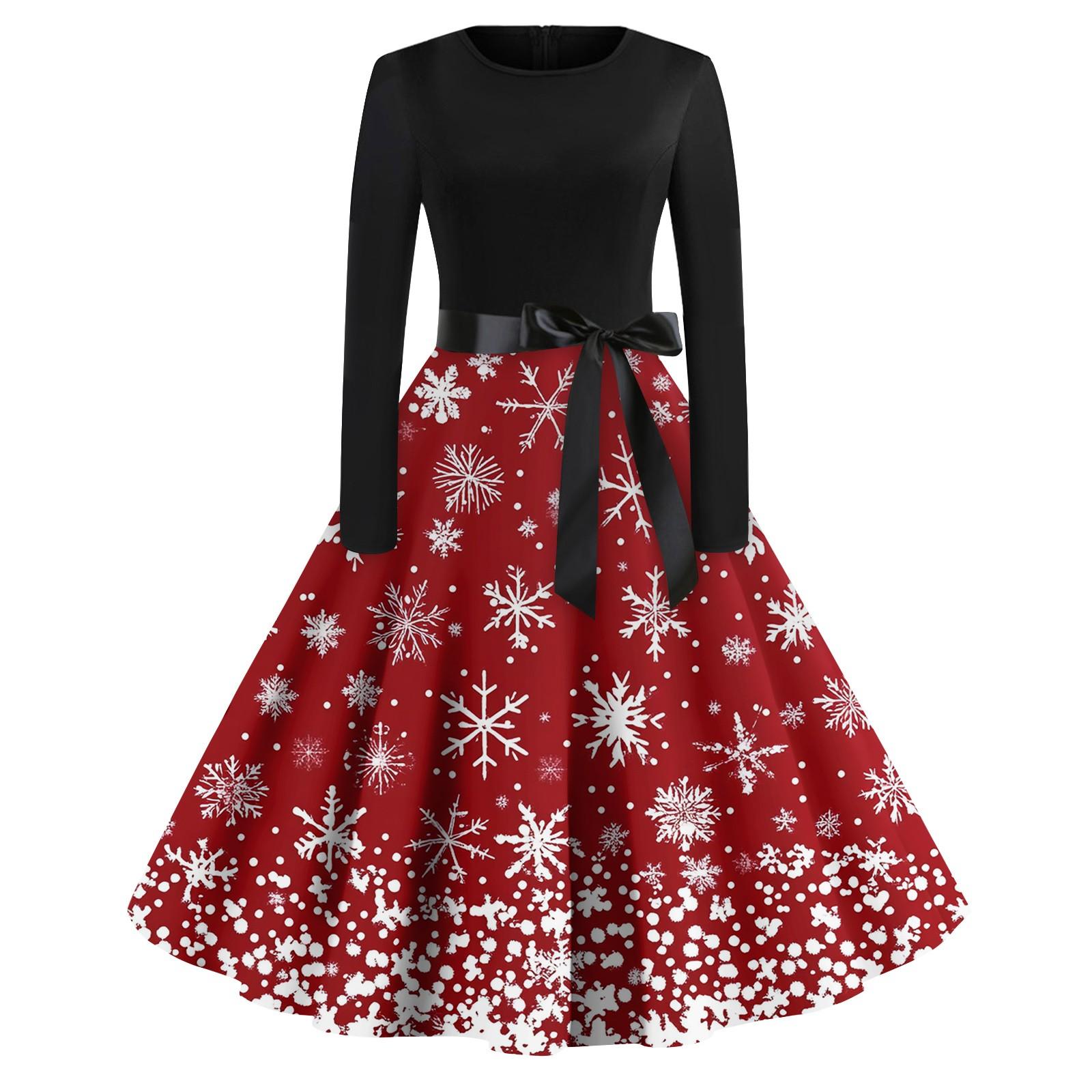 

Женское повседневное и модное платье с длинными рукавами и R-образным вырезом с принтом снежинок XXL красный