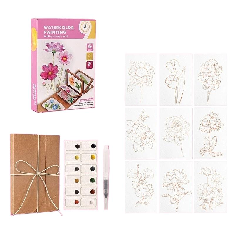 

9 Sheets/set Folding Watercolor Painting Book Set Thick Paper with Pen Art Drawing Kit Holiday Birthday Party Gift рожевий
