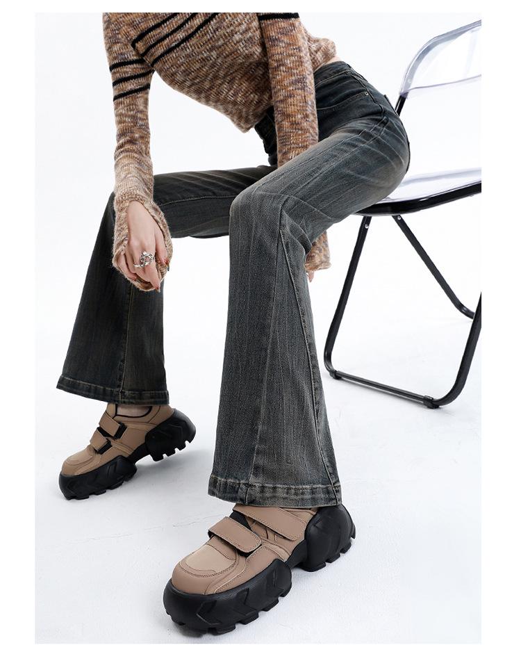 Women's High-Waisted Micro-Flare Jeans - Gray Velvet, Slimming, Floor-Length, 2024 Autumn/Winter.