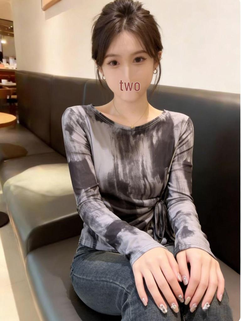 Retro Chic Tie-Dye Netz Langarm Eingezogene Taille Überwurf Top