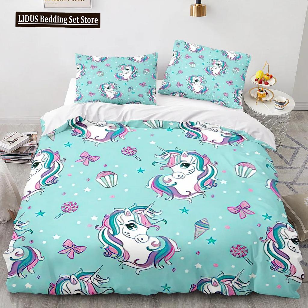 Cartoon Unicorn Duvet Cover King Queen Lovely White Mythical Animal Bedding Set Kids Girl Colorful Rainbow Polyester Quilt Cover
