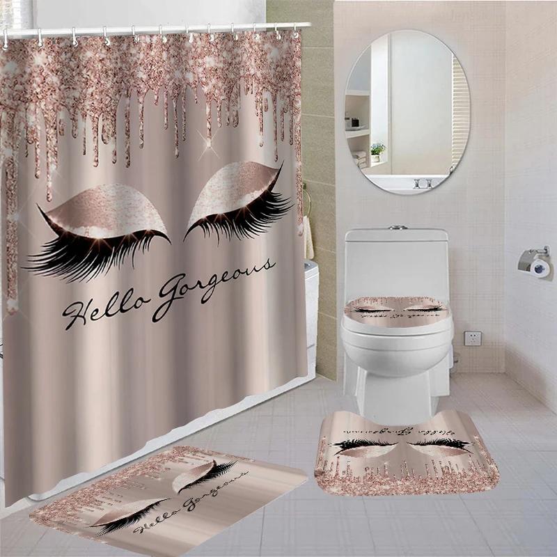 

Girly Rose Gold Eyelash Makeup Shower Curtain Waterproof Toilet Cover Non-Slip Bath Mat Rug Carpet Toilet Seat Bathroom Sets W60H190(CM)-1 Pcs