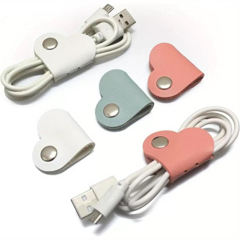 3 Pcs Random Color PU Leather Phone Data Cable Organizer Heart-shaped Cable Clip Hub Wired Headphone Winding Clip